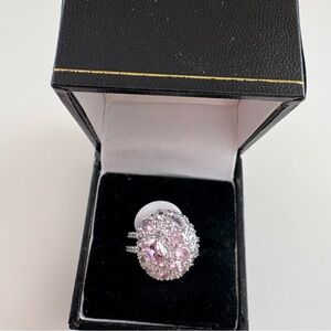 Bomb Party Statement Moment Ring RBP8387 Rose Quartz CZ Rhodium Plating